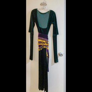 Tribal Belly Dance Velvet Full Length Dress with Cutaway Ren fest Long Sleeves